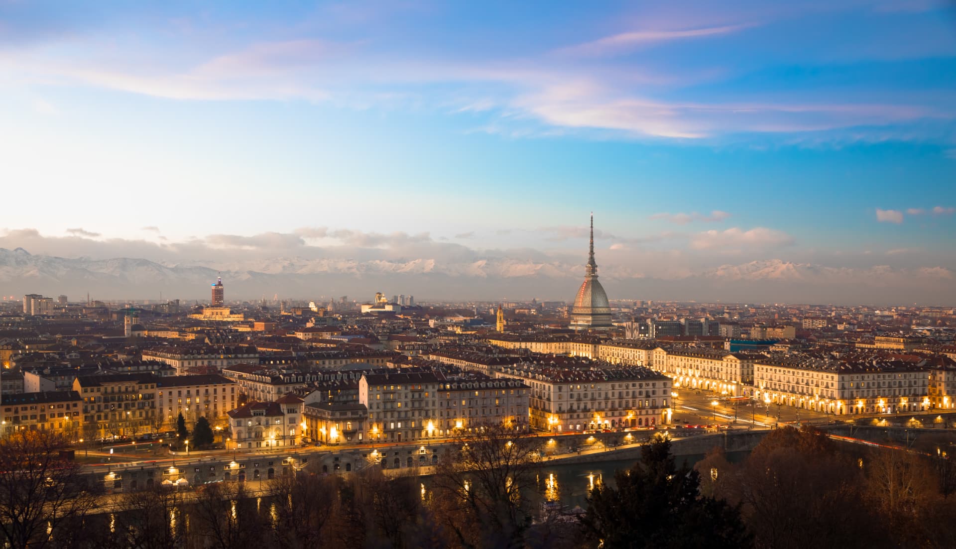Panorama of Turin at dusk from Monte dei Cappuccini